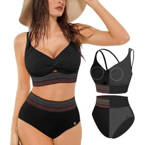 image:imagePopilush Tummy Control Swimsuits for Women  High Waisted Bikini Sets Shapewear with Boho Trim 4 Way Wear Pool and BeachBlack