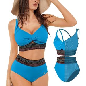 image:imagePopilush Tummy Control Swimsuits for Women  High Waisted Bikini Sets Shapewear with Boho Trim 4 Way Wear Pool and BeachBlue