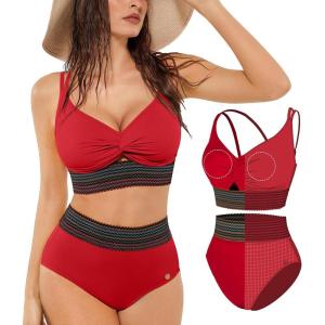 image:imagePopilush Tummy Control Swimsuits for Women  High Waisted Bikini Sets Shapewear with Boho Trim 4 Way Wear Pool and BeachRed