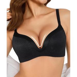 image:imagePopilush Wireless Lace Bras for Women No Underwire Deep V Push Up Seamless Bralettes Comfortable T Shirt Bra 3D MoldedBlack