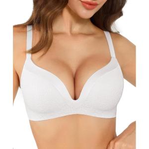 image:imagePopilush Wireless Lace Bras for Women No Underwire Deep V Push Up Seamless Bralettes Comfortable T Shirt Bra 3D MoldedWhite