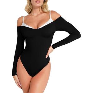 image:imagePopilush Long Sleeve Bodysuit Off The Shoulder Tops For Women Tummy Control Body Suit Built In BraBlack