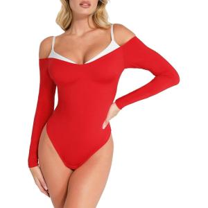 image:imagePopilush Long Sleeve Bodysuit Off The Shoulder Tops For Women Tummy Control Body Suit Built In BraRed