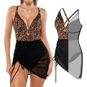 image:imagePopilush Swim Dress for Women One Piece Swimsuits Tummy Control Slimming Mesh Sheer Sarong Wraps Bathing SuitsYellow Leopard
