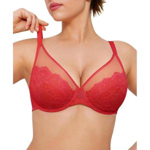 image:imagePopilush Bras for Women Lace Minimizer Underwire Bra Unlined Full Coverage with Comfortable Lift for Large BustRed