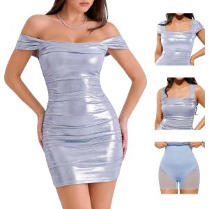image:imagePopilush Cocktail Dresses for Women Builtin Bra Shapewear Summer Off Shoulder Bodycon Mini Dress 3 Ways to WearBlue