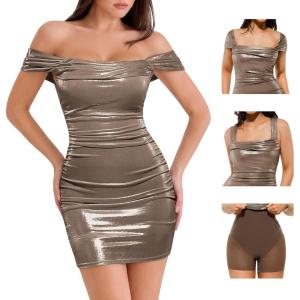 image:imagePopilush Cocktail Dresses for Women Builtin Bra Shapewear Summer Off Shoulder Bodycon Mini Dress 3 Ways to WearBrown