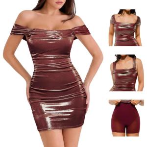 image:imagePopilush Cocktail Dresses for Women Builtin Bra Shapewear Summer Off Shoulder Bodycon Mini Dress 3 Ways to WearRed