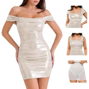 image:imagePopilush Cocktail Dresses for Women Builtin Bra Shapewear Summer Off Shoulder Bodycon Mini Dress 3 Ways to WearWhite
