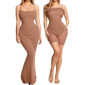 image:imagePopilush Maxi Dresses For Women With Shapewear Sleeveless Backless Ribbed Casual Dress Built In BraBrown