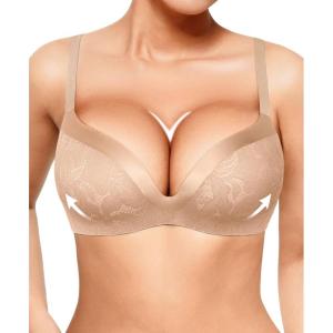 image:imagePopilush Wireless Bras with Support and Lift Push Up Lace Bra for Women No Underwire Comfortable Deep V Bralettes 3D MoldedBeige