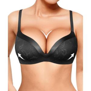 image:imagePopilush Wireless Bras with Support and Lift Push Up Lace Bra for Women No Underwire Comfortable Deep V Bralettes 3D MoldedBlack