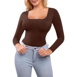 image:imagePopilush Long Sleeve Shapewear Bodysuits for Women with Built In Bra Square Neck Short Sleeve Thong Body Suits Corset TopsBrown