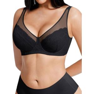 image:imagePopilush Minimizer Bra for Women Lace Unlined Full Coverage Underwire Bra with Side Support Everyday Bra for Large BustBalck