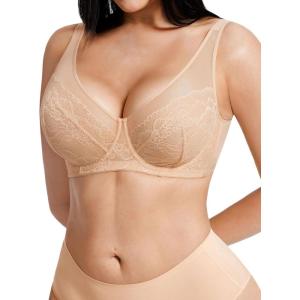 image:imagePopilush Minimizer Bra for Women Lace Unlined Full Coverage Underwire Bra with Side Support Everyday Bra for Large BustBeige