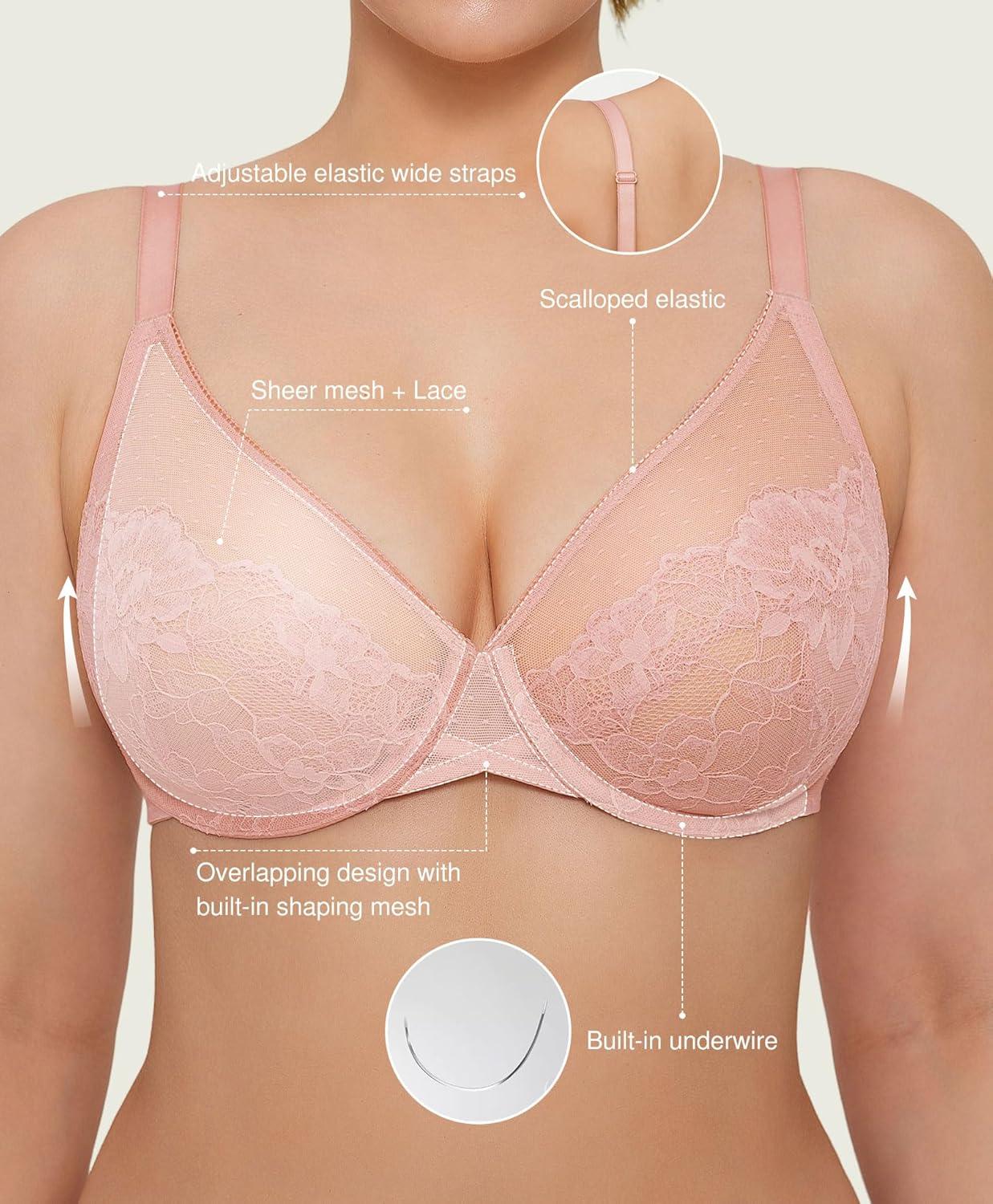 image:imagePopilush Minimizer Bras for Women Full Coverage Lace Bra Underwire Push Up Bra Supportive Bras for Women Size 40DDD Color Pink