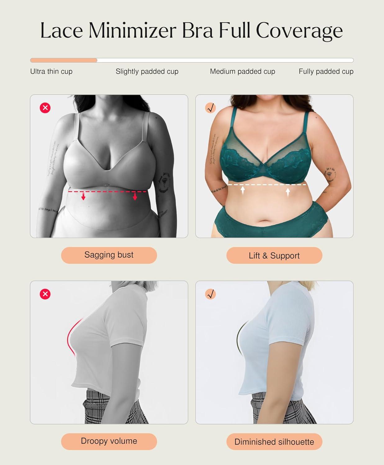image:imagePopilush Minimizer Bras for Women Full Coverage Lace Bra Underwire Push Up Bra Supportive Bras for Women Size 40DDD Color Pink