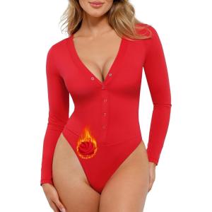 image:imagePopilush Long Sleeve Bodysuit for Women Tummy Control Shapewear Bodysuit with Built in Bra RedTag ThremalRed