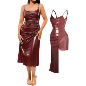 image:imagePopilush Satin Dress for Women Shapewear Slimming Backless Midi Dress Ruched Bodycon for Cocktail PartyBurgundy