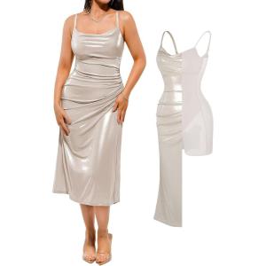 image:imagePopilush Satin Dress for Women Shapewear Slimming Backless Midi Dress Ruched Bodycon for Cocktail PartyWhite