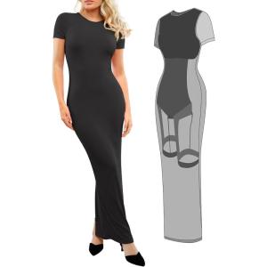 image:imagePopilush Shaperwear Dress Builtin Bra Womens Casual Lounge Dress with Zipper Short Sleeve Mock Neck Bodycon DressesBlack