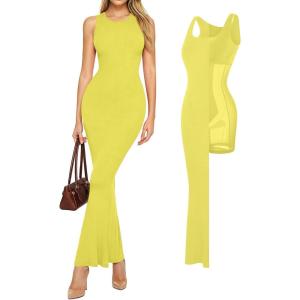 image:imagePopilush Shapewear Dress Built in Bra Bodycon Shaper Dress 9 in 1 Crew Neck Sleeveless Maxi Formal Dresses with ZipperLight Yellow