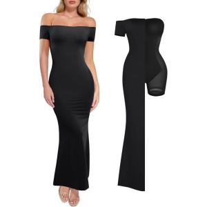 image:imagePopilush Shapewear Dress Off Shoulder Formal Dresses for Women Short Sleeve Bodycon Maxi Dress Built in BraBlack