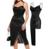image:imagePopilush Shapewear Corset Dress Womens Satin Ruched Midi Dress Cocktail Date Night Classy Dresses with Lace Trim BraBlack