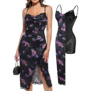 image:imagePopilush Shapewear Corset Dress Womens Satin Ruched Midi Dress Cocktail Date Night Classy Dresses with Lace Trim BraFloral