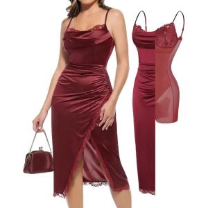 image:imagePopilush Shapewear Corset Dress Womens Satin Ruched Midi Dress Cocktail Date Night Classy Dresses with Lace Trim BraRed
