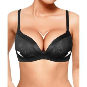 image:imageWireless Bras with Support and Lift Push Up Lace Bra for Women No Underwire Deep V Bralettes Comfortable Bra 3D Molded Black