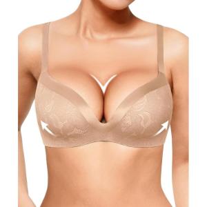 image:imagePopilush Lace Wireless Bras with Support and Lift  Push Up Bra for Women No Underwire Comfy Deep V Bralettes Fits BD CupsBeige