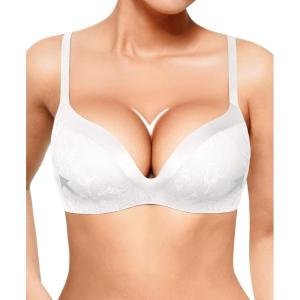 image:imageWireless Push Up Bras for Women No Underwire Deep V Lace Bralettes with Support and Lift Comfortable Bra 3D Molded White
