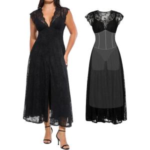 image:imagePopilush Womens Lace Formal Cocktail Sleeveless V Neck Maxi Shapewear Dress Wedding Guest Mother of Bride Split DressesBlack