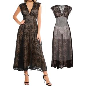 image:imagePopilush Womens Lace Formal Cocktail Sleeveless V Neck Maxi Shapewear Dress Wedding Guest Mother of Bride Split DressesSkin