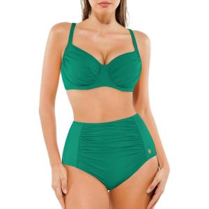 image:imagePopilush High Waisted Bikini Sets for Women Tummy Control Two Piece Shapewear Swimsuit Ruched Push Up Bathing SuitGreen