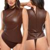 image:imagePopilush Leather Bodysuit for Women Going Out Tops Body Shaper Tummy Control Shapewear Mock Neck Tops Leather CorsetBrown