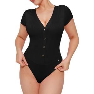 image:imagePopilush Body Suits for Womens Tummy Control Shapewear Bodysuit V Neck Casual Short Sleeve ThongBlack