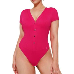 image:imagePopilush Body Suits for Womens Tummy Control Shapewear Bodysuit V Neck Casual Short Sleeve ThongRed
