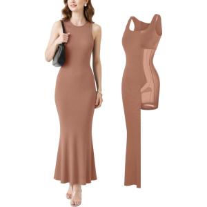 image:imagePopilush Builtin Bra Shapewear Maxi Long Dresses for Women Bodycon Sleeveless Modal Casual Formal Tummy Control DressBrown