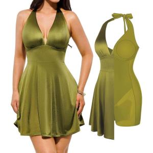 image:imagePopilush Halter Dresses for Women Backless Shapewear Mini Dress Deep V Neck Bow Tie ALine Club Party DressGreen