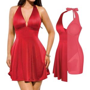 image:imagePopilush Halter Dresses for Women Backless Shapewear Mini Dress Deep V Neck Bow Tie ALine Club Party DressRed