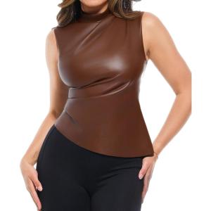 image:imagePopilush Leather Bodysuit for Women Going Out Tops Body Shaper Tummy Control Shapewear Mock Neck Tops Leather CorsetBrown