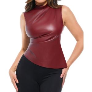 image:imagePopilush Leather Bodysuit for Women Going Out Tops Body Shaper Tummy Control Shapewear Mock Neck Tops Leather CorsetRed