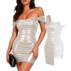 image:imagePopilush Women Off Shoulder Cocktail Dress with Builtin Bra Shapewear Ruched Metallic Mini Bodycon DressWhite