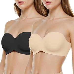image:imagePopilush Bras for Women Push Up Strapless Bralettes Full Coverage Seamless Bandeau Underwire TShirt Bras  2 Pack Bright Ube  Black 38D