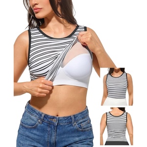 image:imagePopilush Builtin Bra Tank Tops for Women Sleeveless Round Neck Casual Top Summer Ribbed Fitted Workout TanksBlack White Stripe