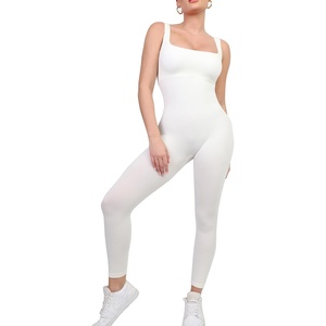 image:imagePopilush White Jumpsuits for Women BuiltIn Bra Square Neck Ribbed Bodycon Workout Seamless Leggings M