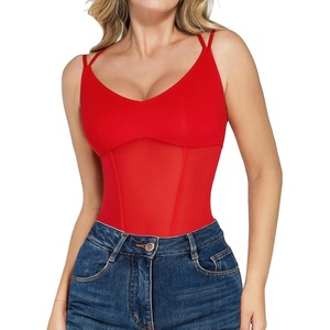 image:imagePopilush Women Mesh Shapewear Bodysuit Tummy Control Going Out Corset Tops Built in Bra Body SuitsRed