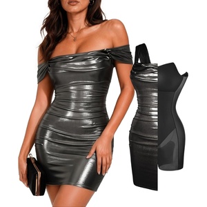 image:imagePopilush Women Off Shoulder Cocktail Dress with Builtin Bra Shapewear Ruched Metallic Mini Bodycon DressBlack